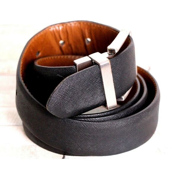 SAFFIANO BLACK BROWN GENUINE LEATHER 1.25"W REVERSIBLE DRESS MEN'S BELT 42 (X10 - Picture 7 of 11